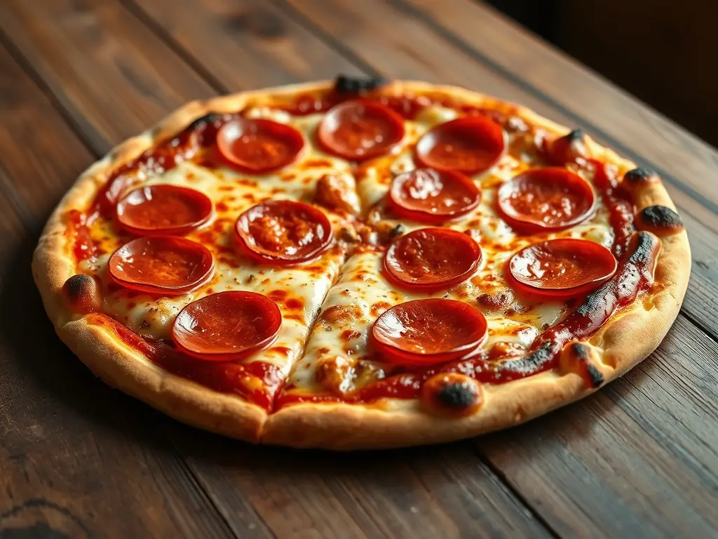 Eine klassische Käsepizza mit goldbrauner Kruste und perfekt geschmolzenem Mozzarella-Käse, in Scheiben geschnitten und fertig zum Servieren.