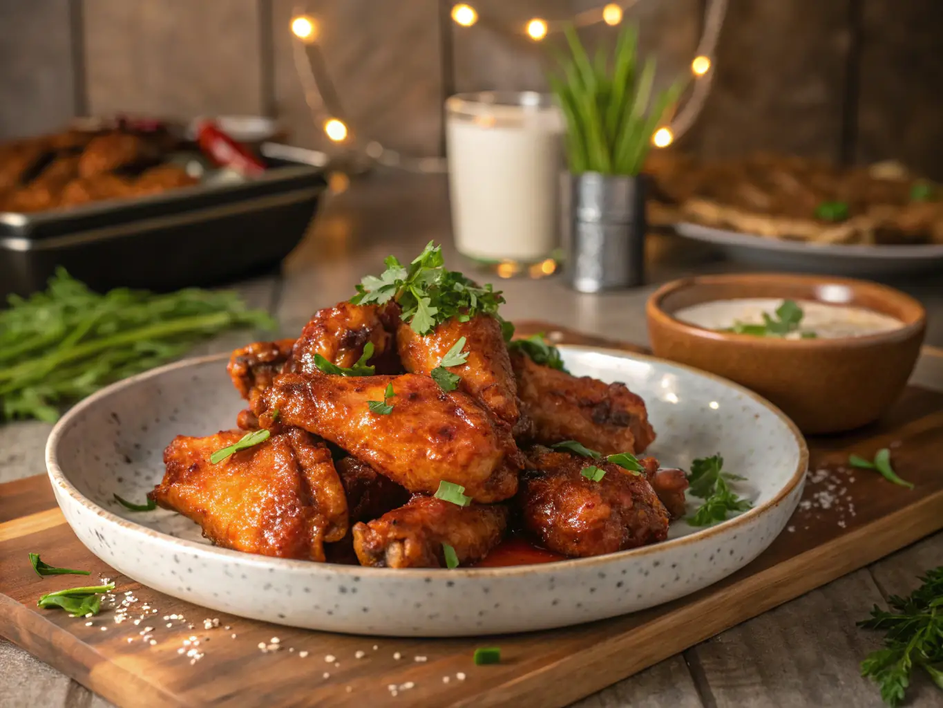 A close-up shot of crispy, golden-brown chicken wings seasoned with herbs and spices, arranged on a rustic wooden plate with a side of dipping sauce.