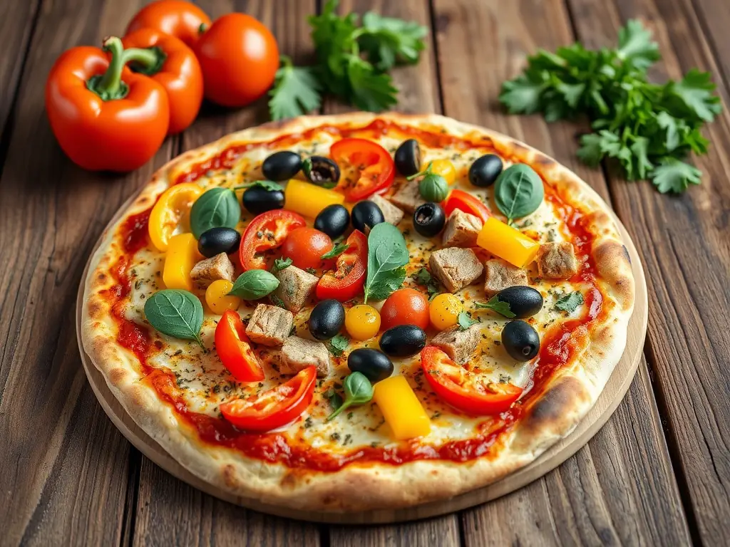 Eine lebhafte Nahaufnahme einer frisch gebackenen veganen Pizza mit buntem Gemüse und einer knusprigen Kruste, die auf einem rustikalen Holztisch liegt.