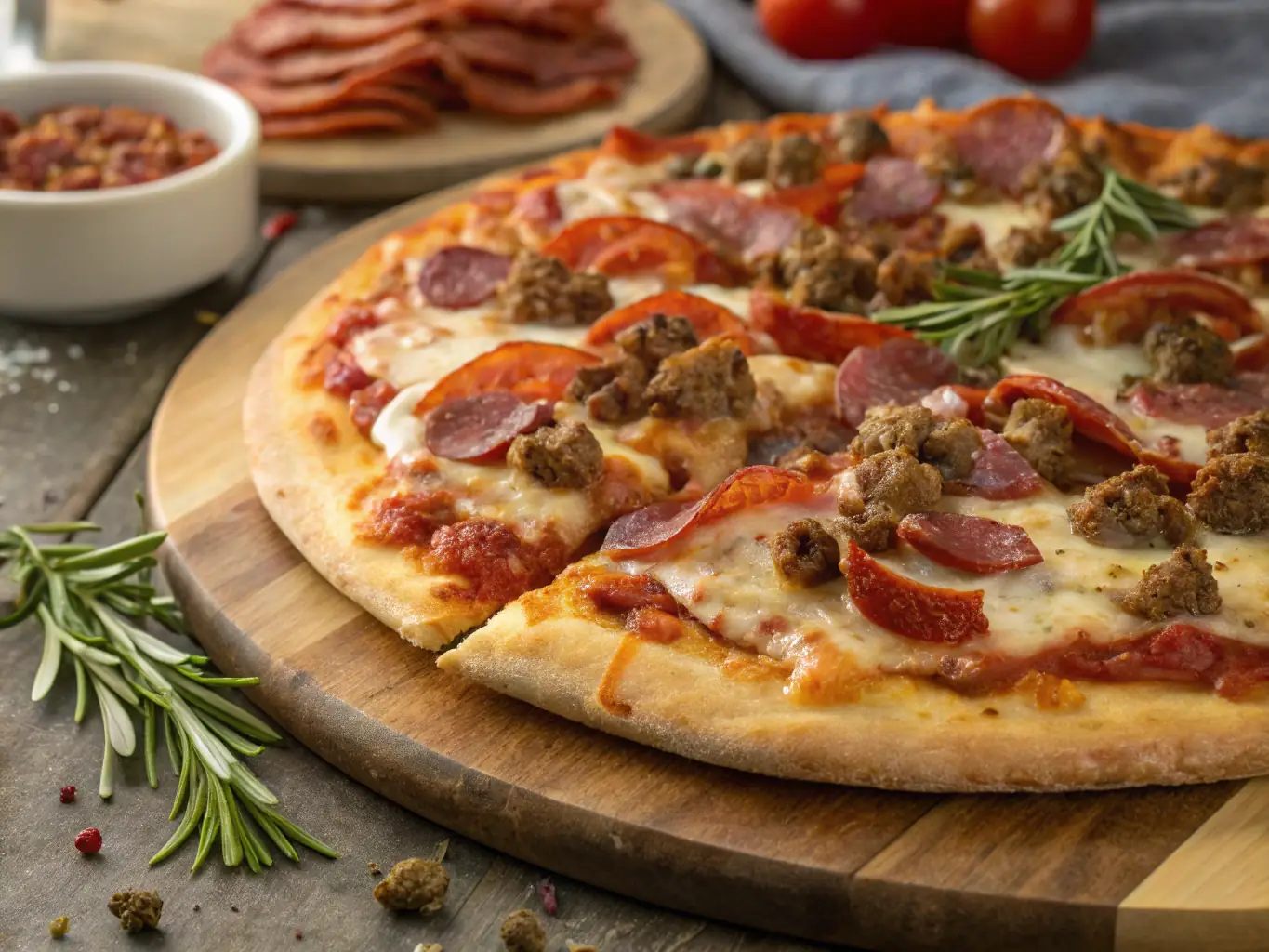 Ein köstliches Bild einer Pizza für Fleischliebhaber mit Peperoni, Wurst, Speck und geschmolzenem Käse, präsentiert auf einem karierten Pizzablech.