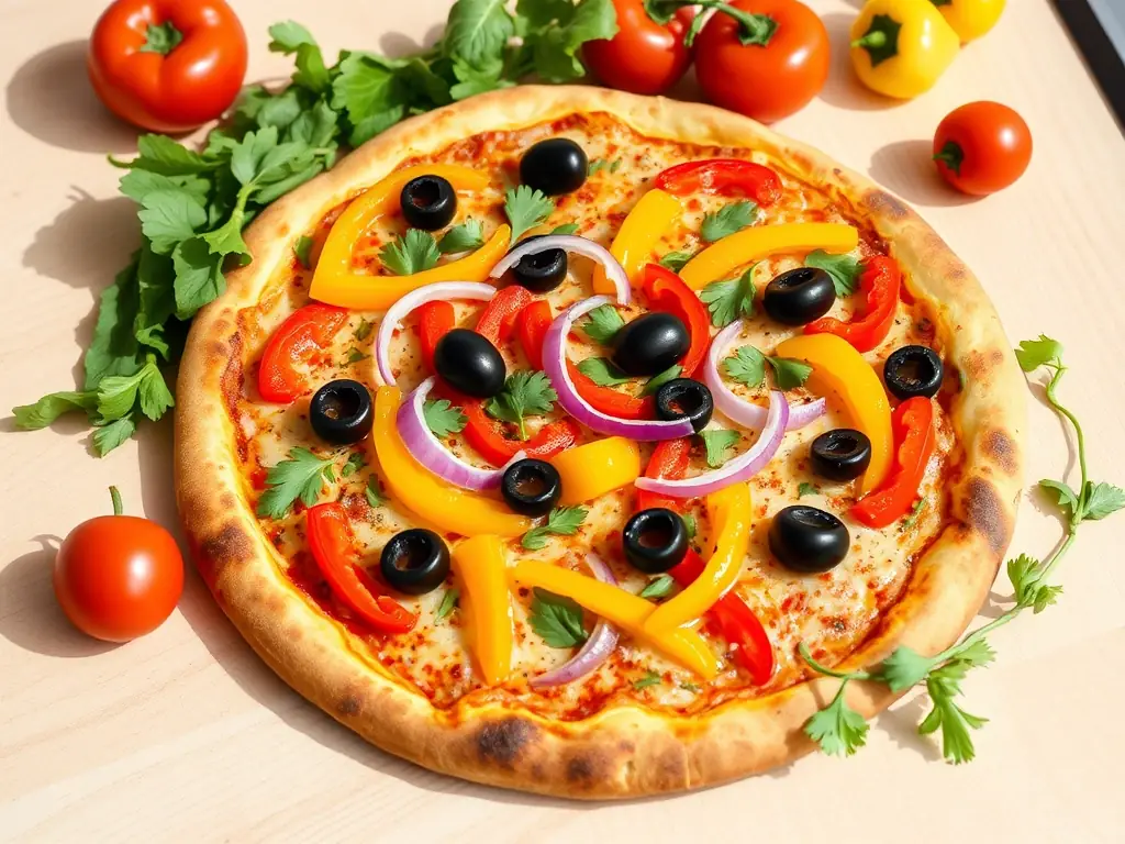 A vibrant, appetizing image of a vegan pizza with colorful vegetables and a crispy crust, showcasing fresh ingredients and a delicious, plant-based option.