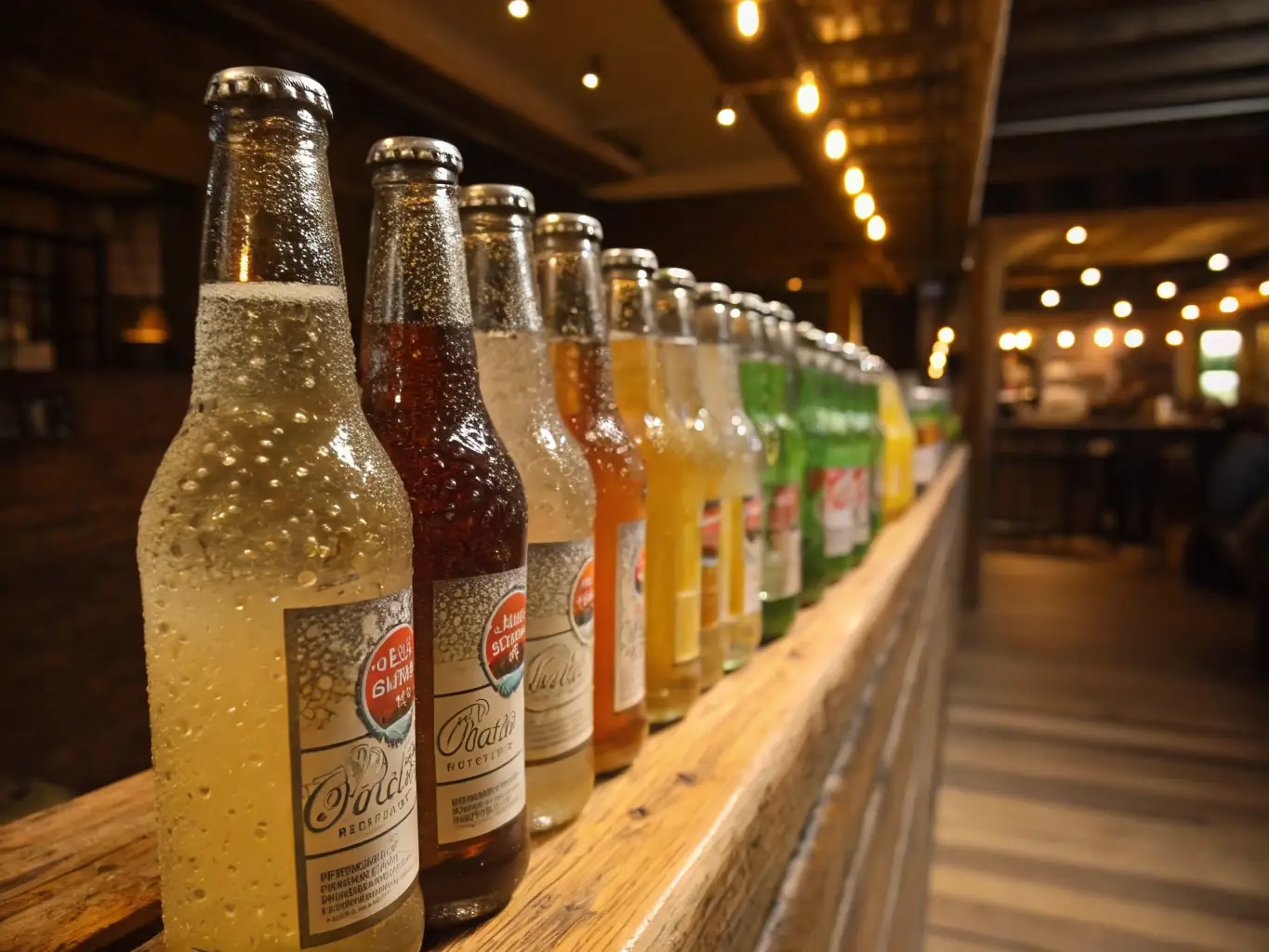 A selection of various bottled non-alcoholic beverages, including water, soda, and juice, displayed in a chilled cooler with condensation on the bottles.